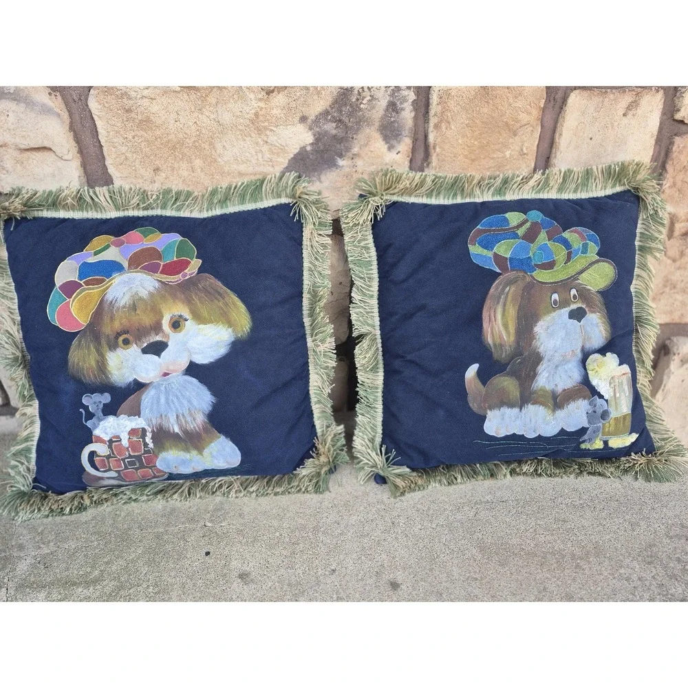Large Vintage Hand Painted Beer Dog Throw‎ Pillow Set Boy Girl Pair Irish Gift